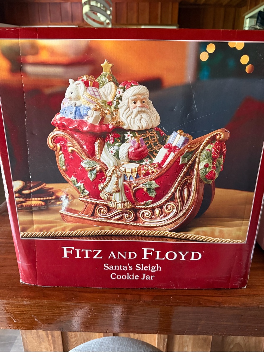 Fitz and Floyd Red and Gold Santa Sleigh Cookie Jar